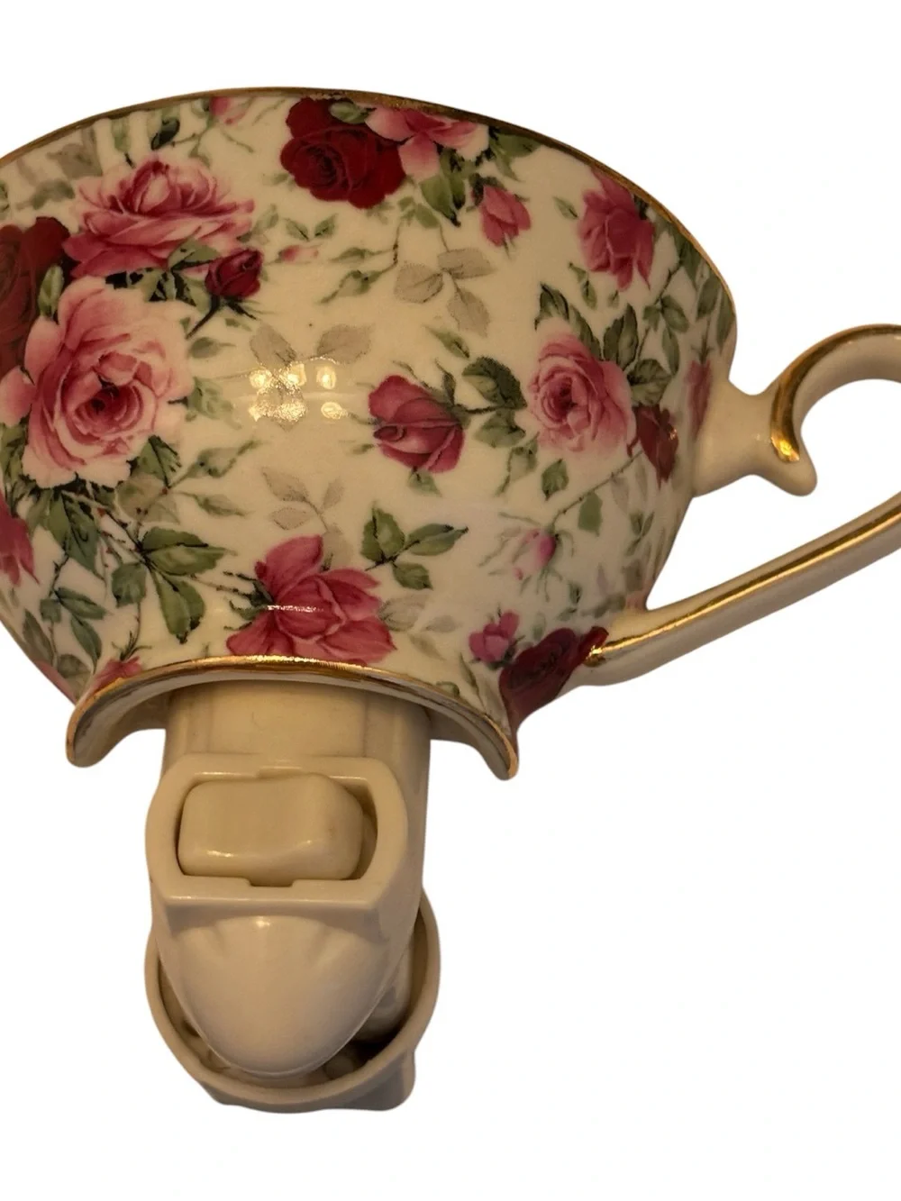 Victorian Rose Chintz Porcelain Teacup Night Light Pink Red Green Floral 4”x 5”